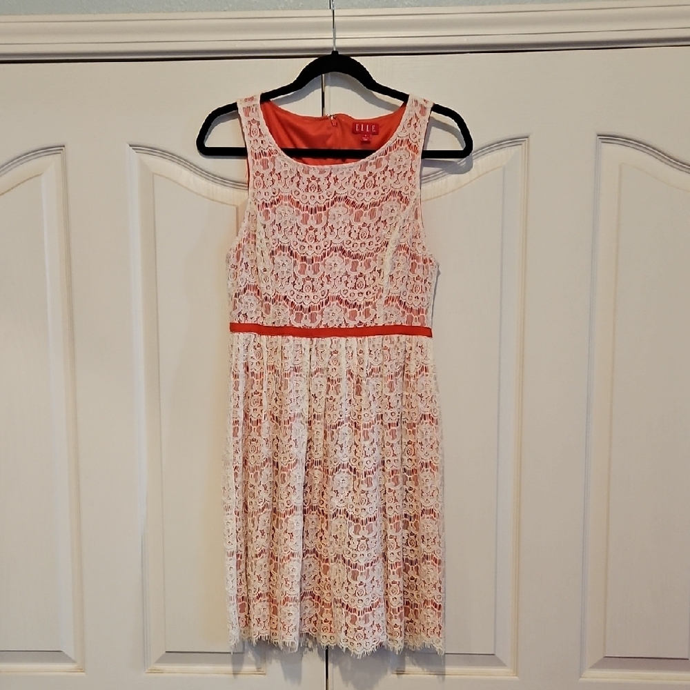 Women's Elle Dress Size 8. White Lace Over Coral .